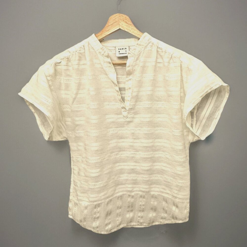 Karen By Simonsen White Cotton Blouse, Size XS, V-Neck, Short Sleeve, Lightweigh